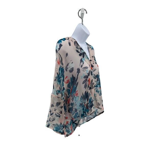 Chelsea 28 Pink Teal Floral Sheer Blouse Womens XS 3/4 Sleeve V-Neck Wrap Front - Picture 2 of 6
